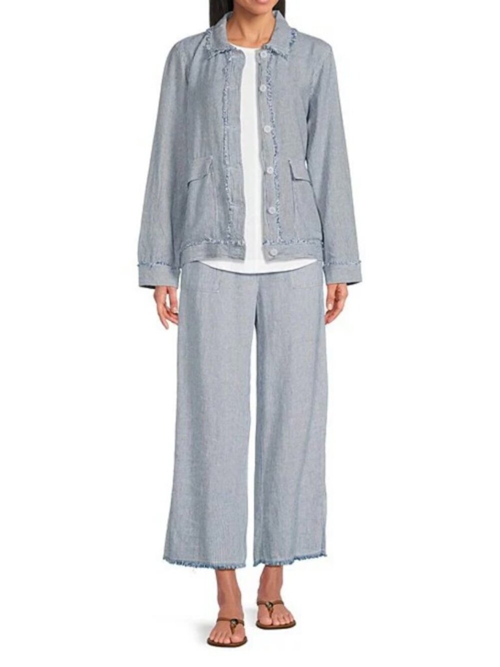 Westbound Women’s XL Navy White Stripe Linen Blend Jacket Fray Buttons  NWT